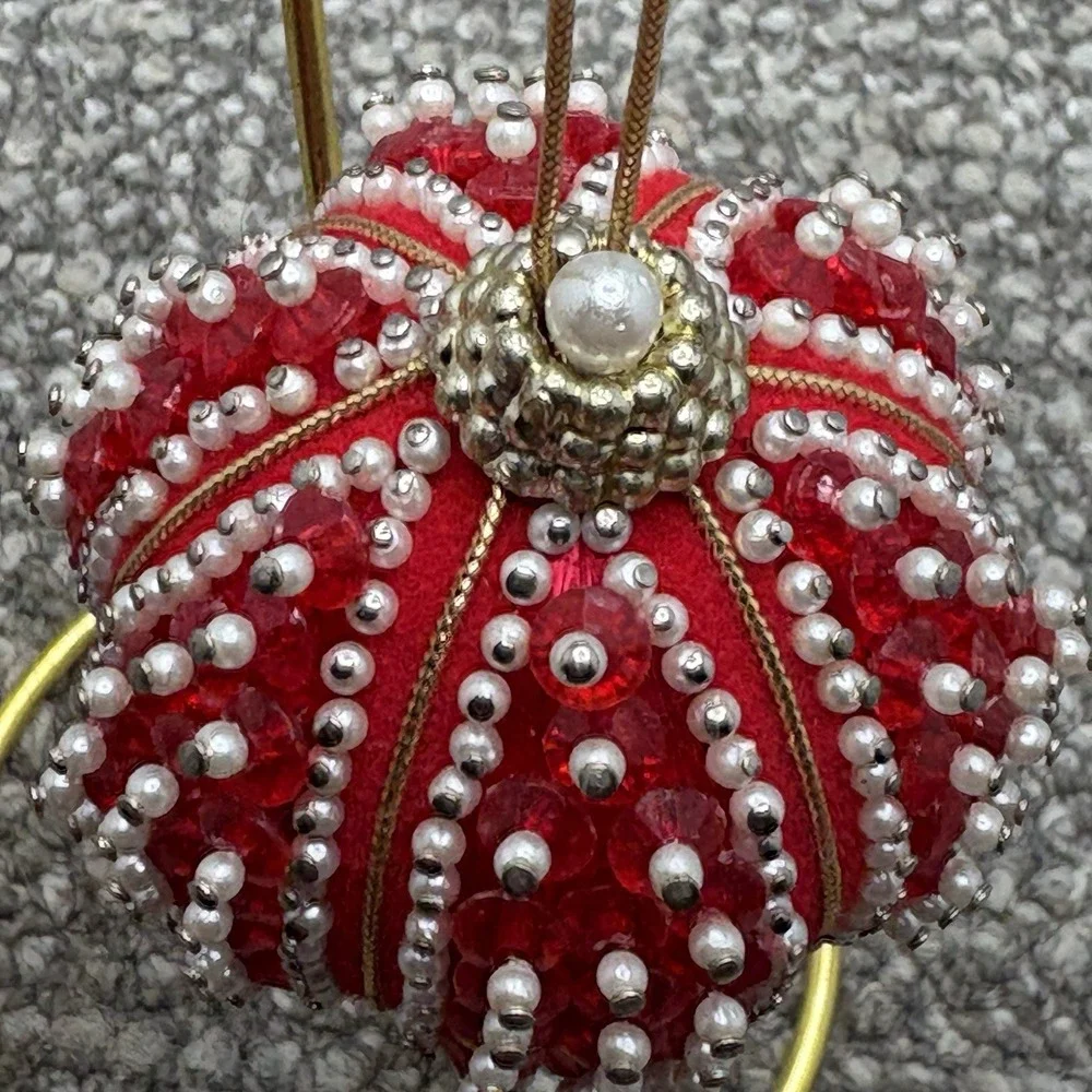 VTG Christmas Ornament Red Beaded Pins Lace MCM Shiny‎ Round Ball 3.5